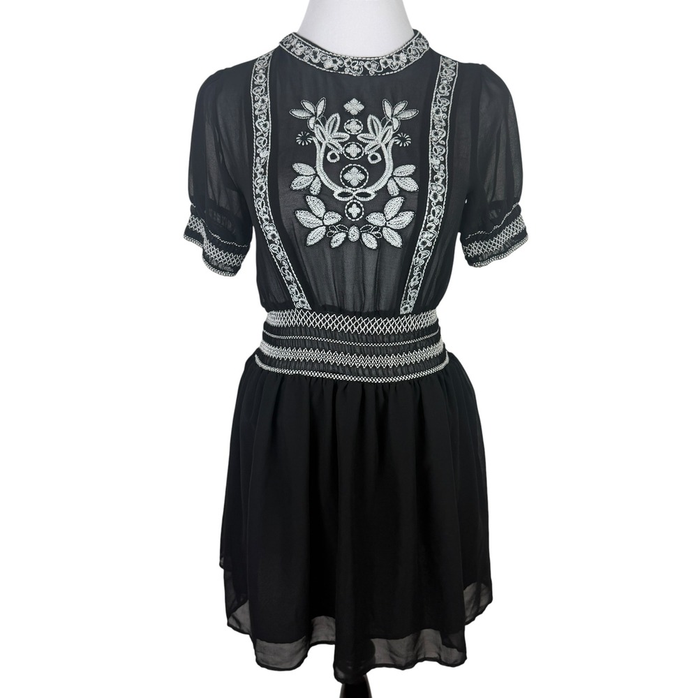Zara Women's XS Black Embroidered Chiffon Mini Dress Short Sleeve Floral Boho